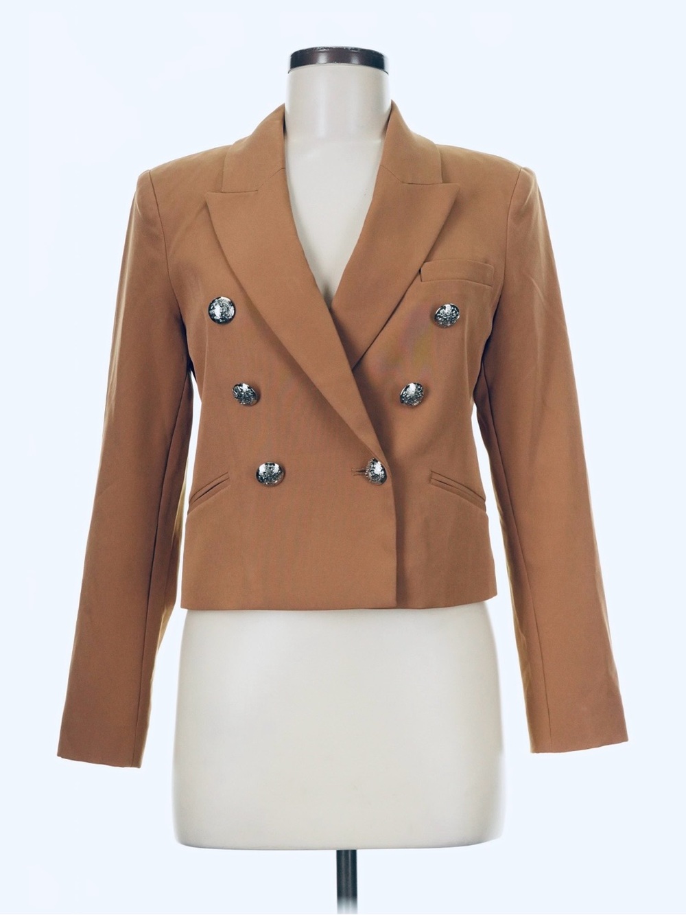 White House Black Market Cropped Double-Breasted Blazer in Camel
